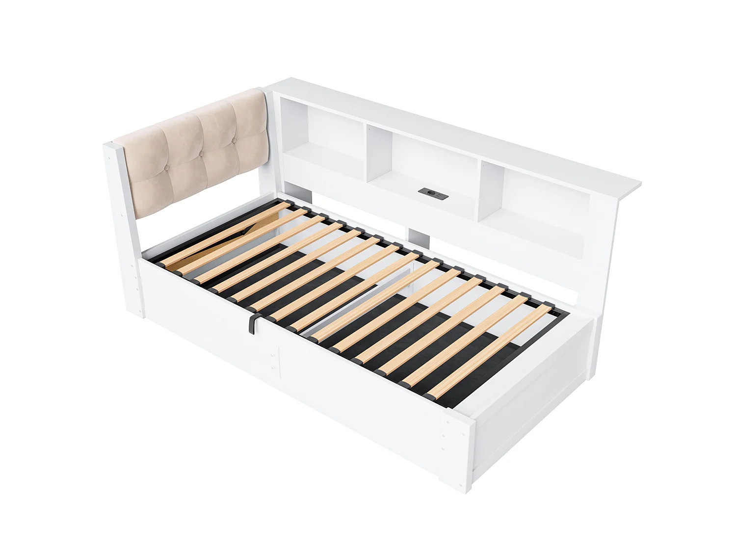 Lit coffre 90x200 cm en bois blanc, rangement latéral, étagère, éclairage LED et port USB, sans matelas