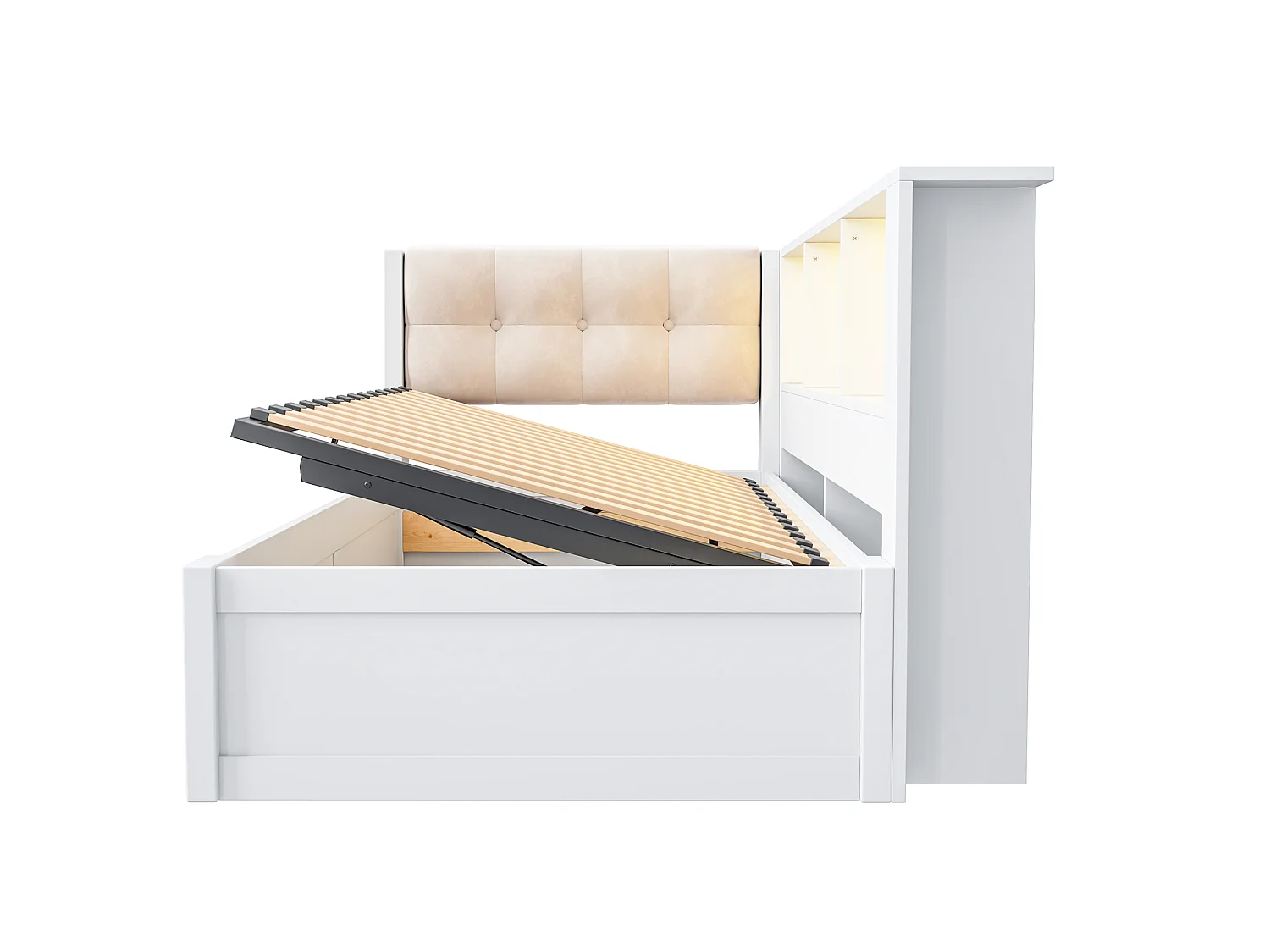 Lit coffre 90x200 cm en bois blanc, rangement latéral, étagère, éclairage LED et port USB, sans matelas