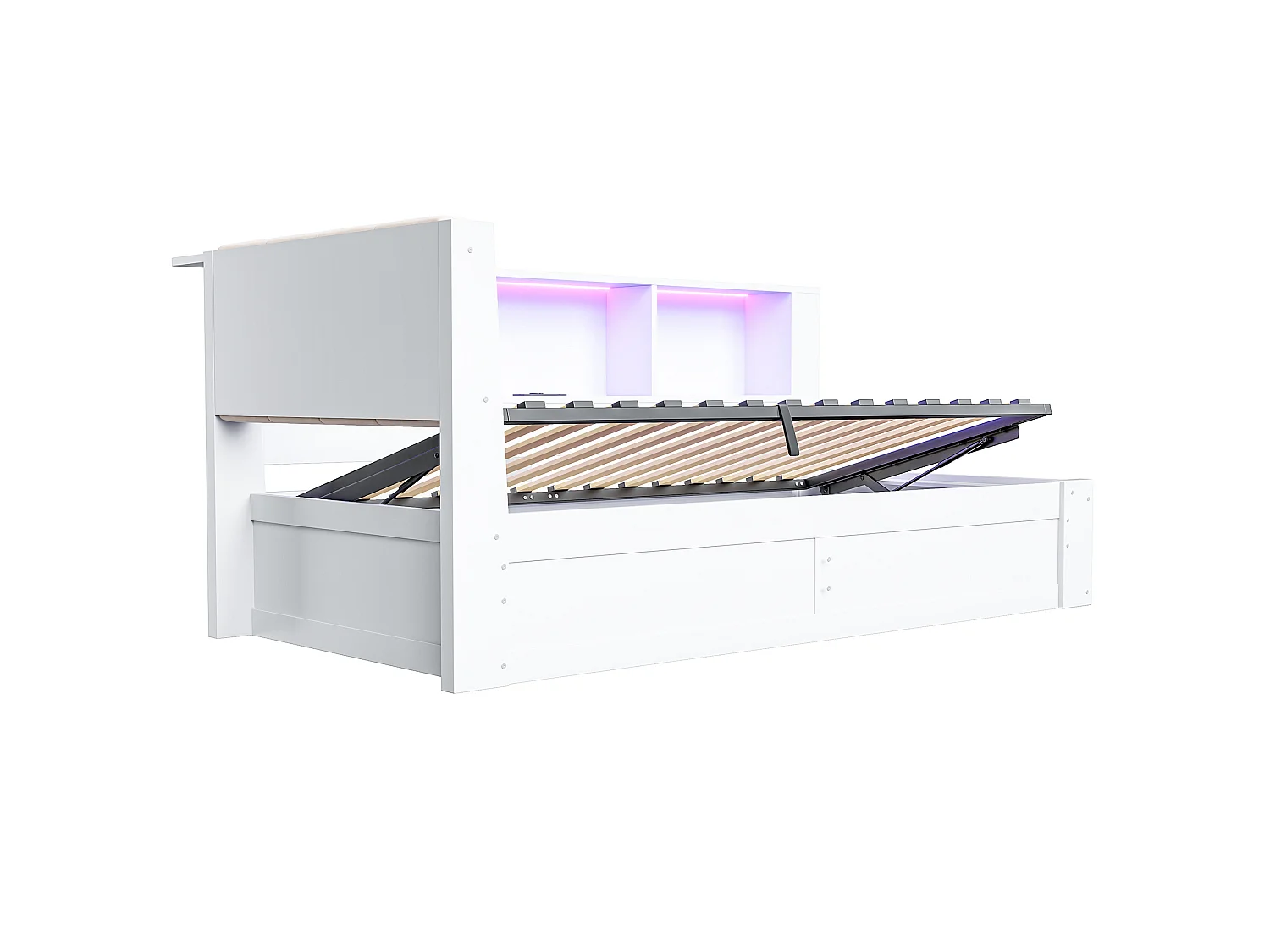 Lit coffre 90x200 cm en bois blanc, rangement latéral, étagère, éclairage LED et port USB, sans matelas
