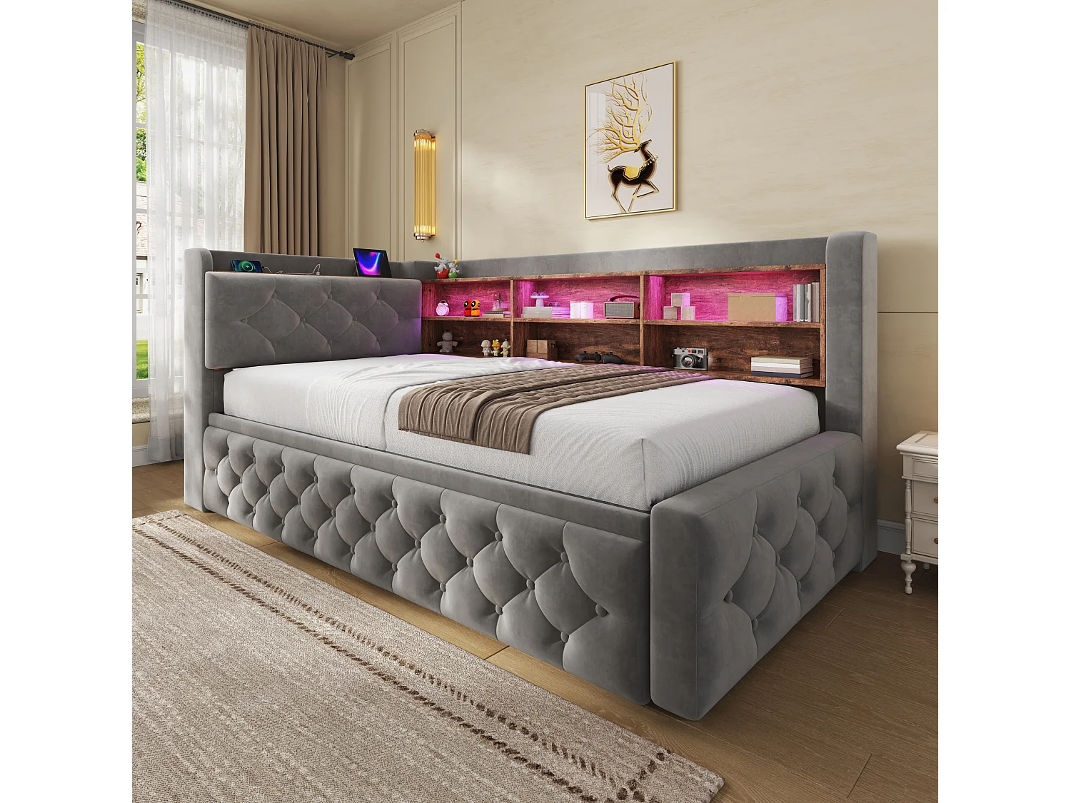 Lit gigogne 90x190 cm extensible en velours gris, rangement latéral, éclairage LED, ports USB et Type‑C, sans matelas