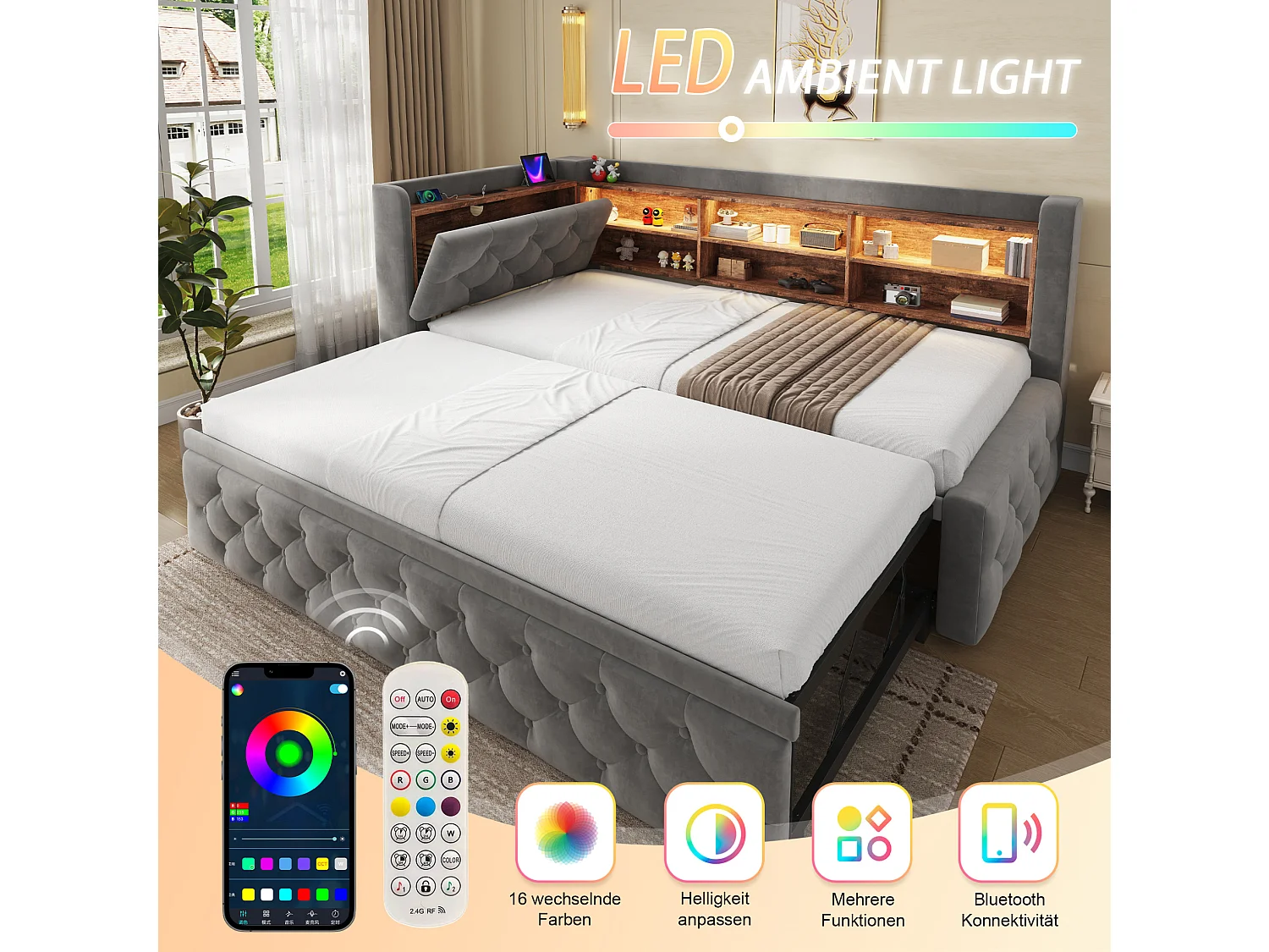 Lit gigogne 90x190 cm extensible en velours gris, rangement latéral, éclairage LED, ports USB et Type‑C, sans matelas