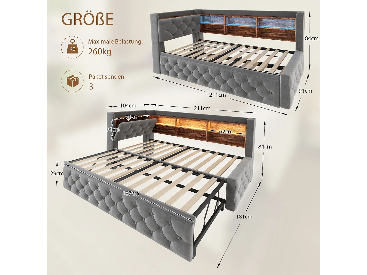 Lit gigogne 90x190 cm extensible en velours gris, rangement latéral, éclairage LED, ports USB et Type‑C, sans matelas
