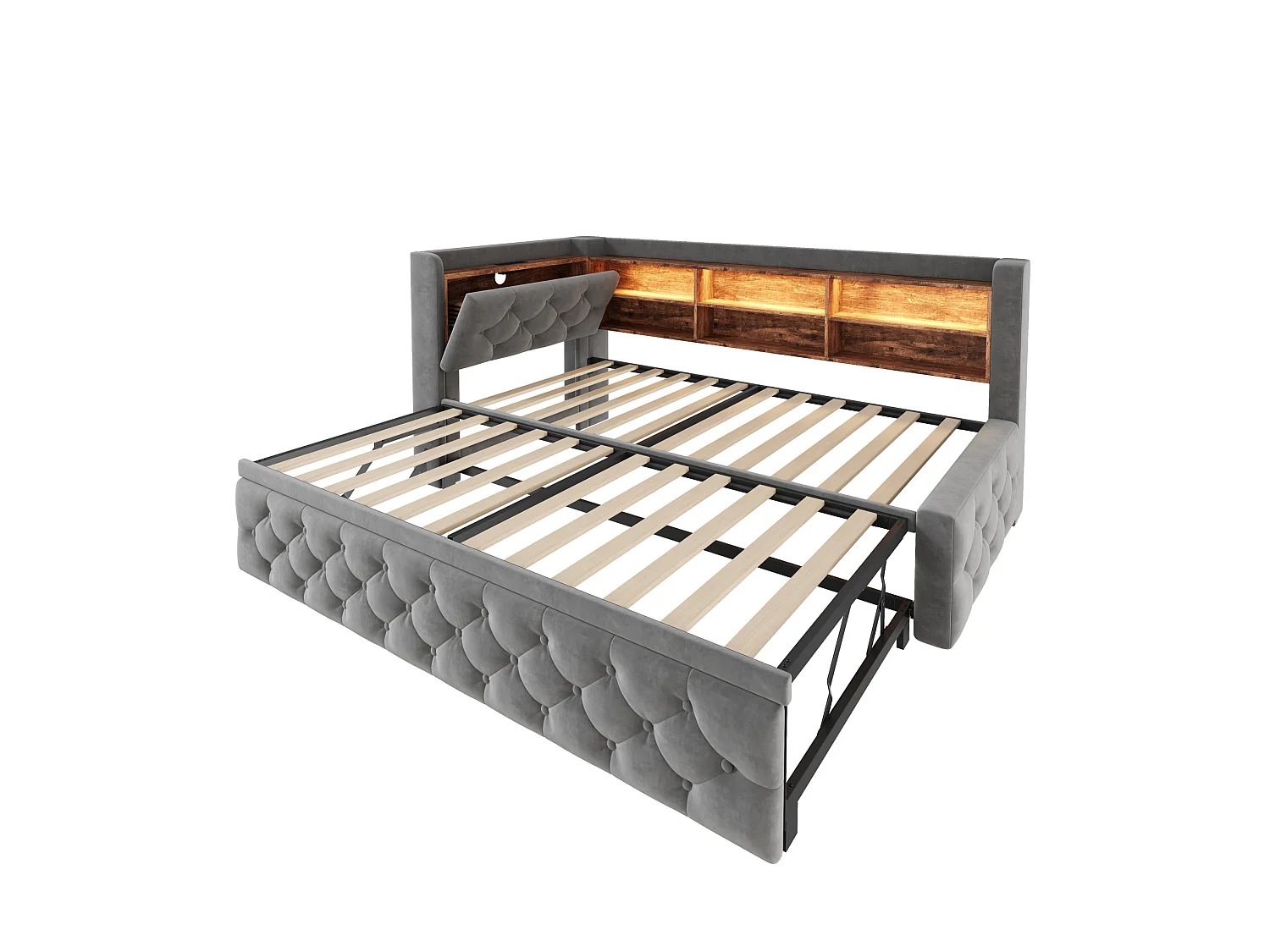 Lit gigogne 90x190 cm extensible en velours gris, rangement latéral, éclairage LED, ports USB et Type‑C, sans matelas