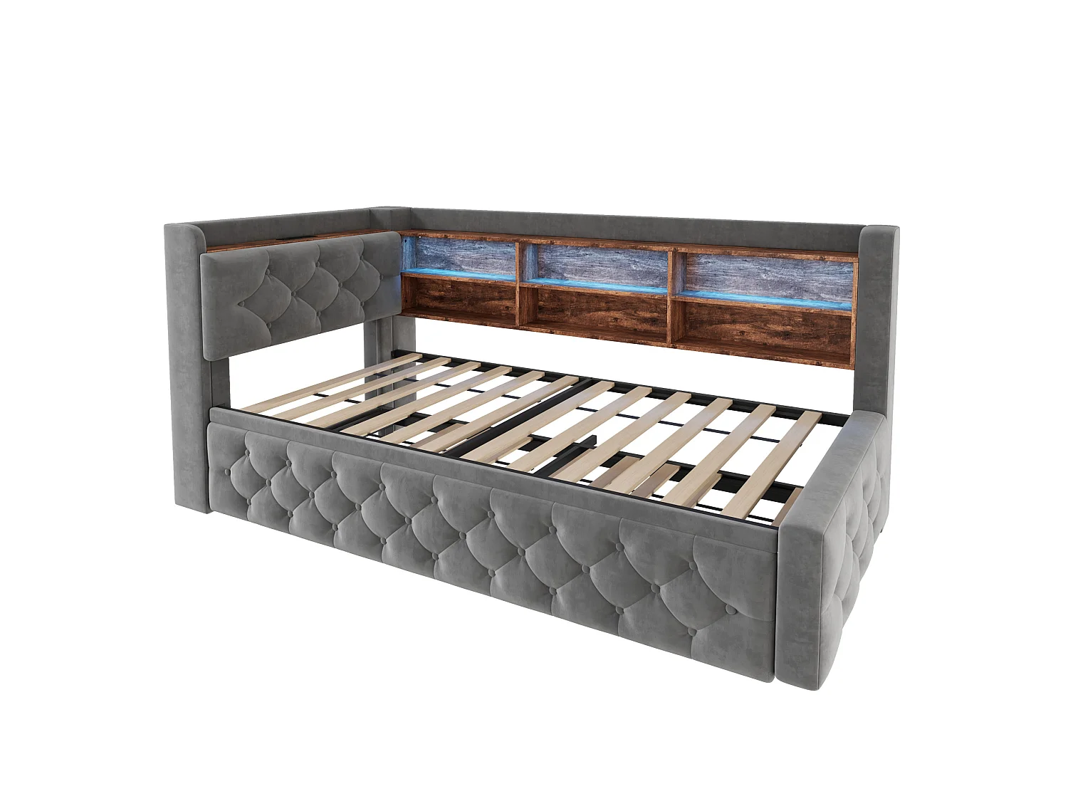 Lit gigogne 90x190 cm extensible en velours gris, rangement latéral, éclairage LED, ports USB et Type‑C, sans matelas