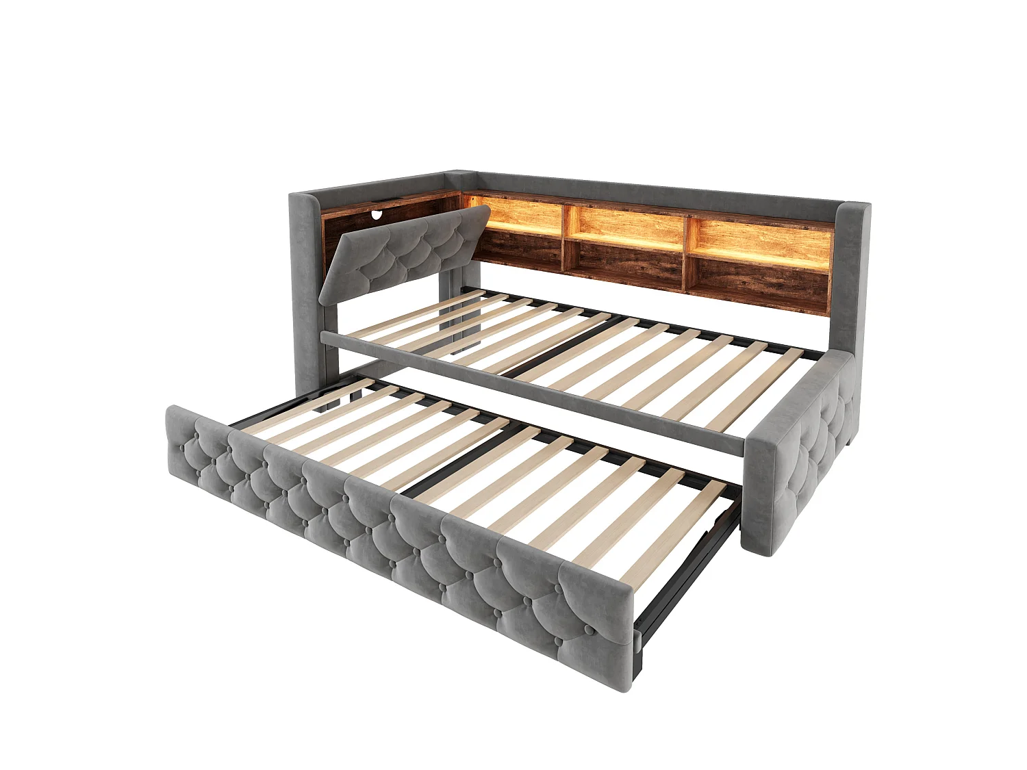 Lit gigogne 90x190 cm extensible en velours gris, rangement latéral, éclairage LED, ports USB et Type‑C, sans matelas