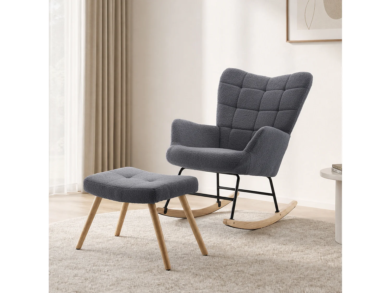 Fauteuil à bascule en tissu bouclette gris avec repose-pieds indépendant, dossier haut, bois et métal
