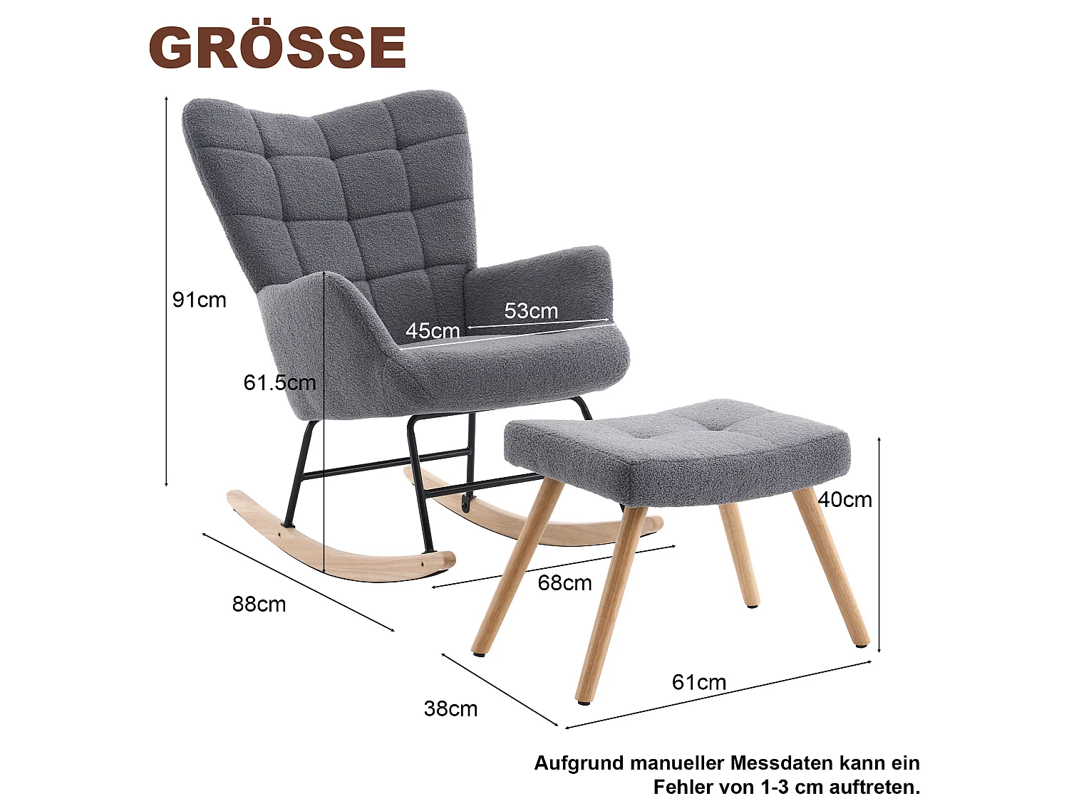 Fauteuil à bascule en tissu bouclette gris avec repose-pieds indépendant, dossier haut, bois et métal