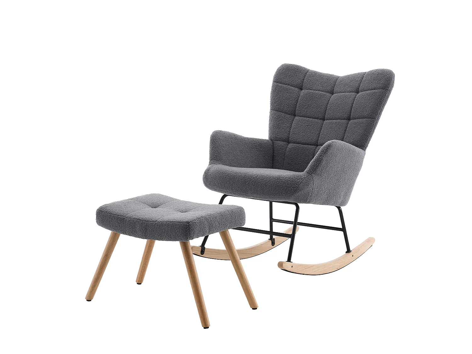 Fauteuil à bascule en tissu bouclette gris avec repose-pieds indépendant, dossier haut, bois et métal