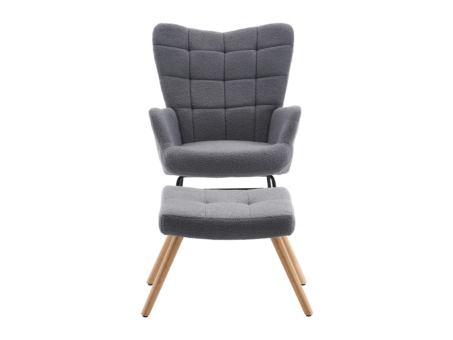Fauteuil à bascule en tissu bouclette gris avec repose-pieds indépendant, dossier haut, bois et métal