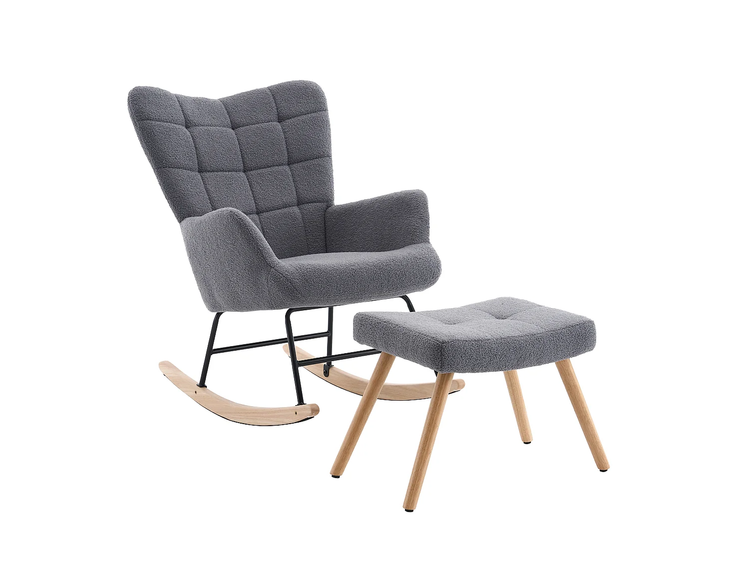 Fauteuil à bascule en tissu bouclette gris avec repose-pieds indépendant, dossier haut, bois et métal