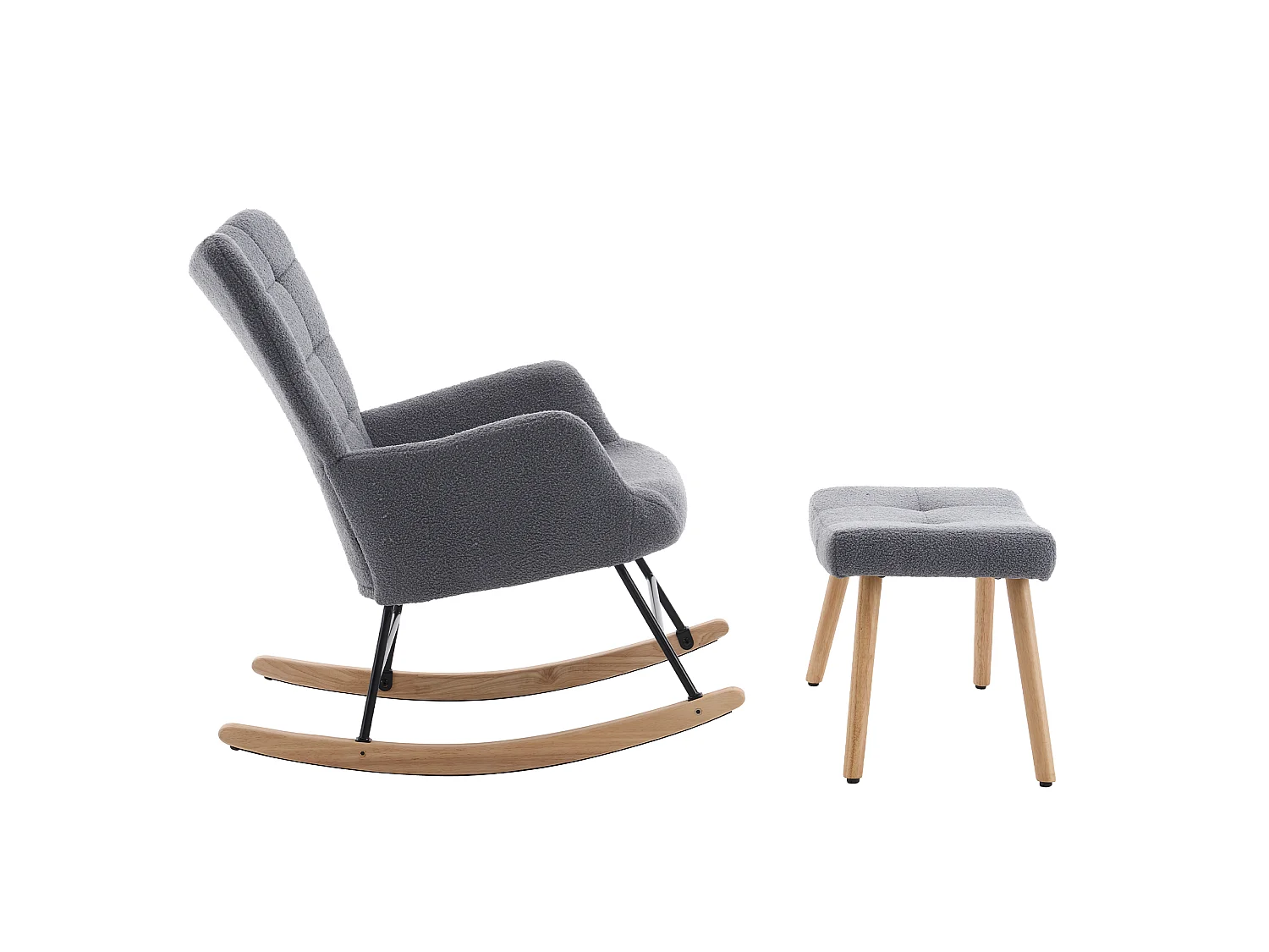 Fauteuil à bascule en tissu bouclette gris avec repose-pieds indépendant, dossier haut, bois et métal
