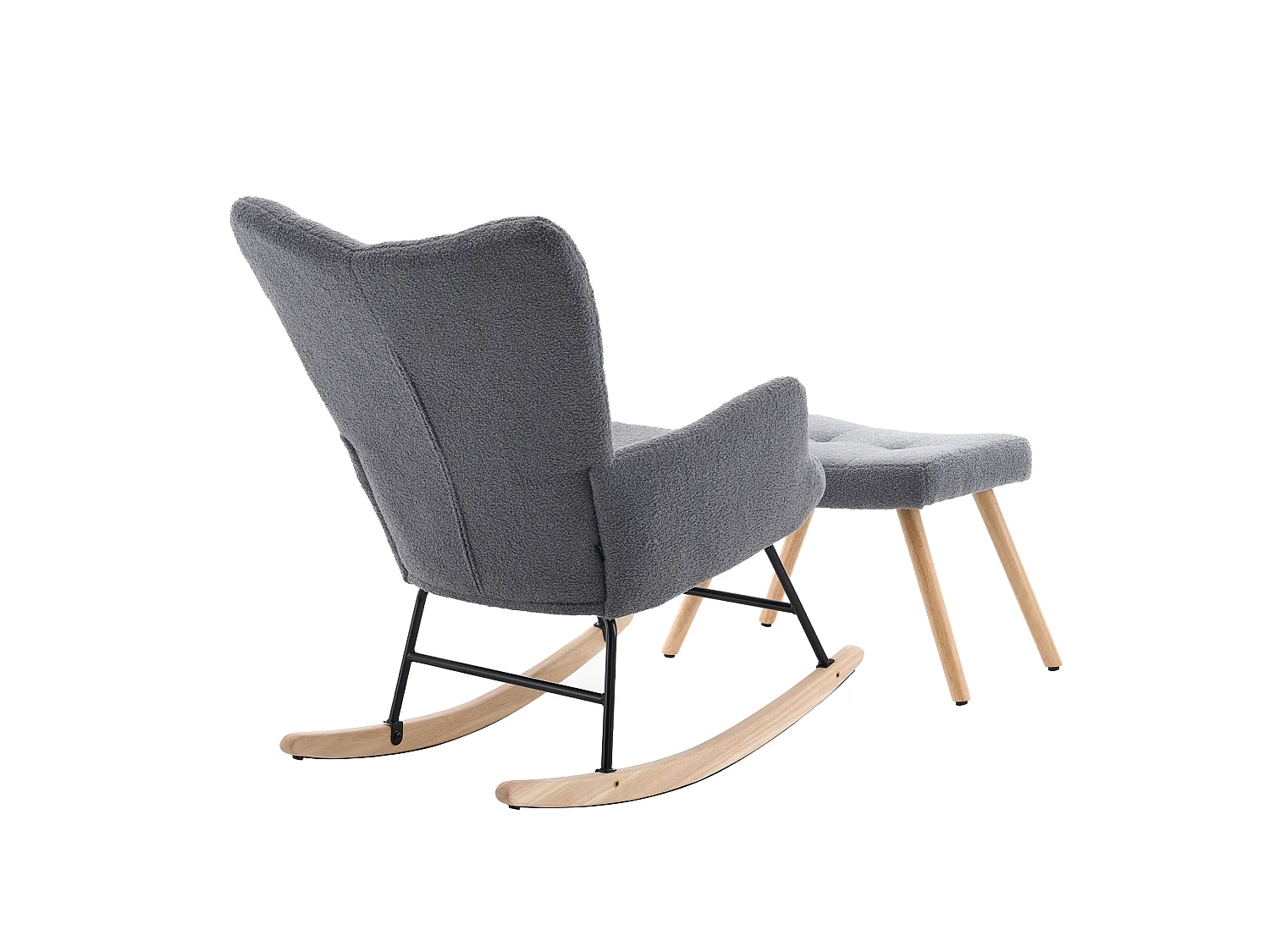 Fauteuil à bascule en tissu bouclette gris avec repose-pieds indépendant, dossier haut, bois et métal