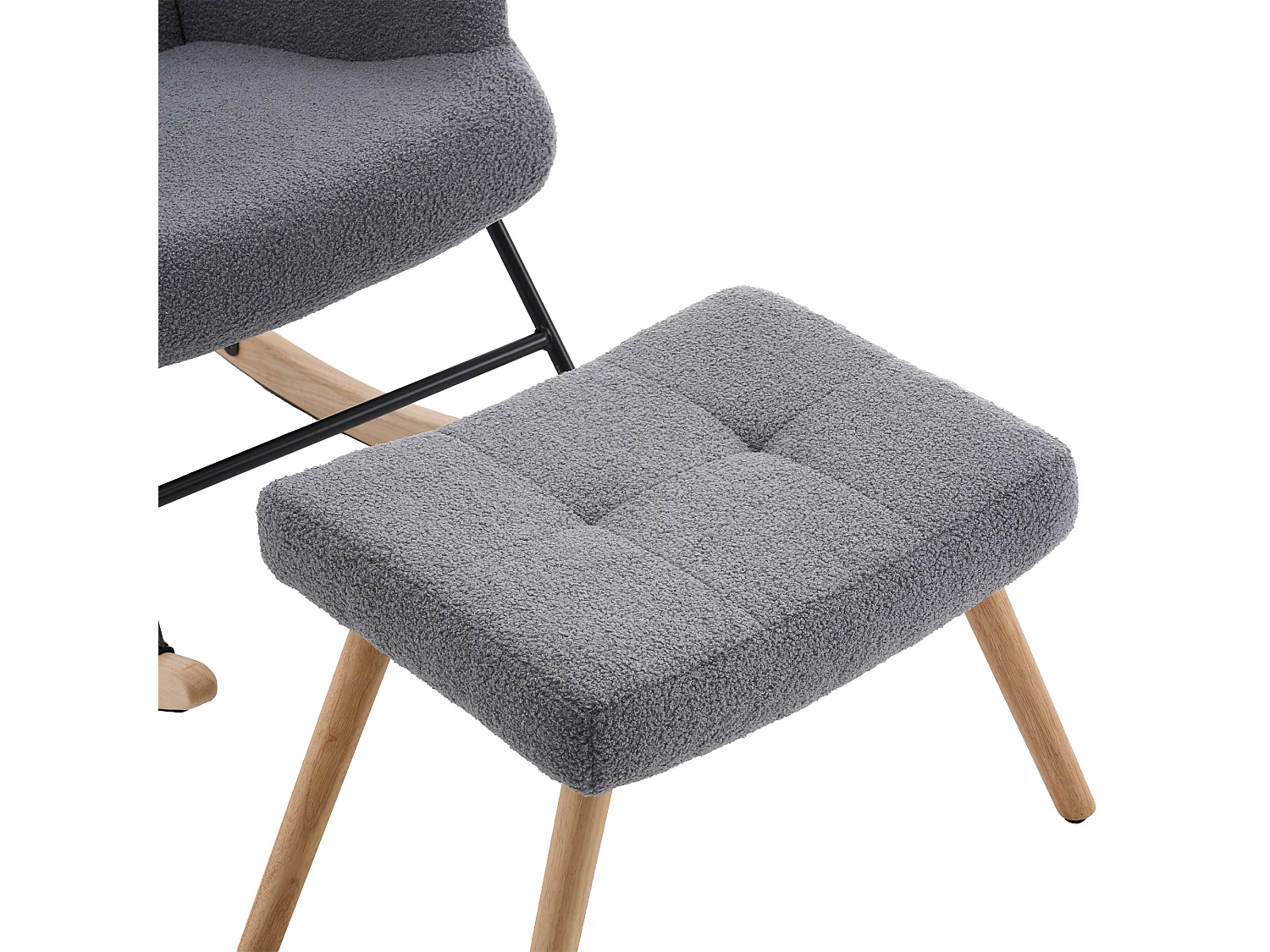 Fauteuil à bascule en tissu bouclette gris avec repose-pieds indépendant, dossier haut, bois et métal