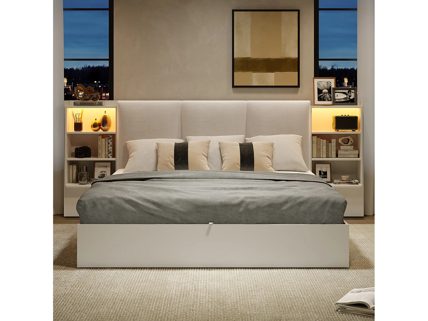 Łóżko z pojemnikiem 180x200 cm białe MDF, hydrauliczny system magazynowania, 6 komór, oświetlenie LED, bez materaca