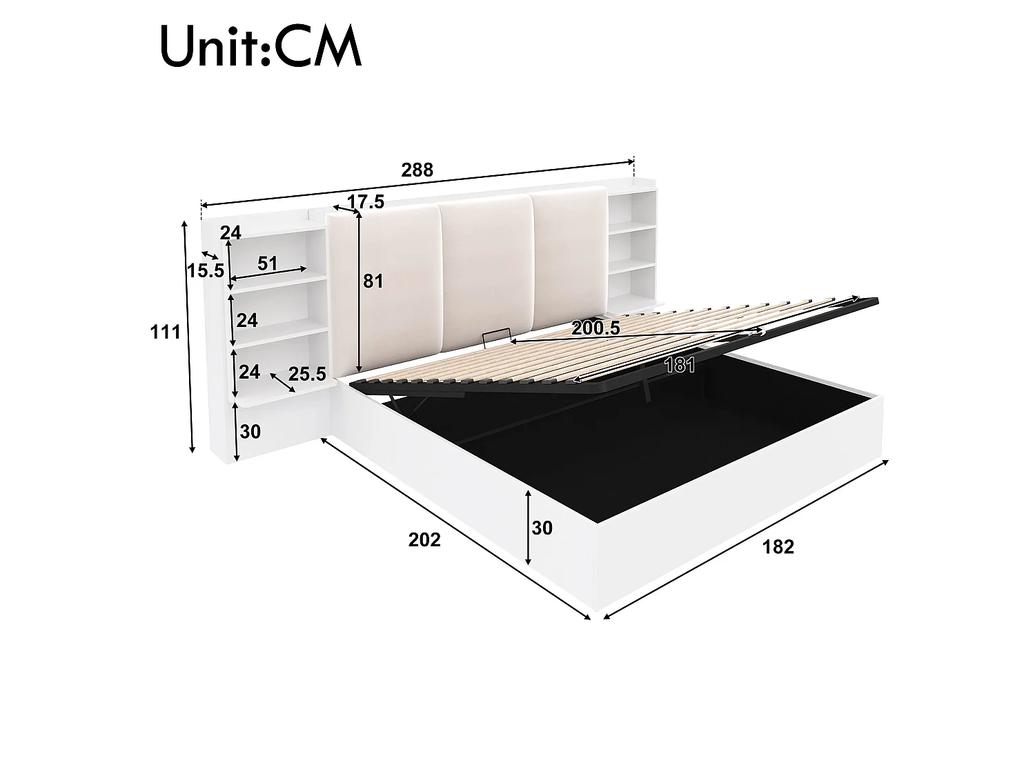 Łóżko z pojemnikiem 180x200 cm białe MDF, hydrauliczny system magazynowania, 6 komór, oświetlenie LED, bez materaca