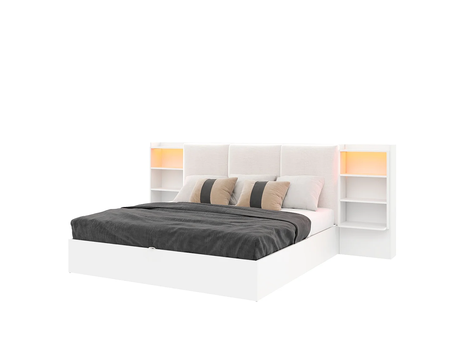 Łóżko z pojemnikiem 180x200 cm białe MDF, hydrauliczny system magazynowania, 6 komór, oświetlenie LED, bez materaca