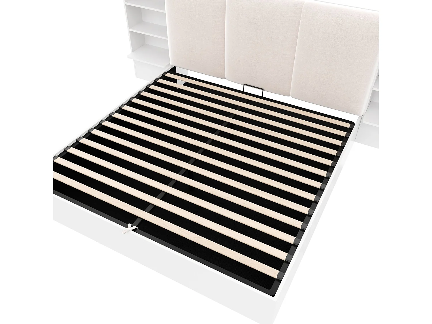 Łóżko z pojemnikiem 180x200 cm białe MDF, hydrauliczny system magazynowania, 6 komór, oświetlenie LED, bez materaca