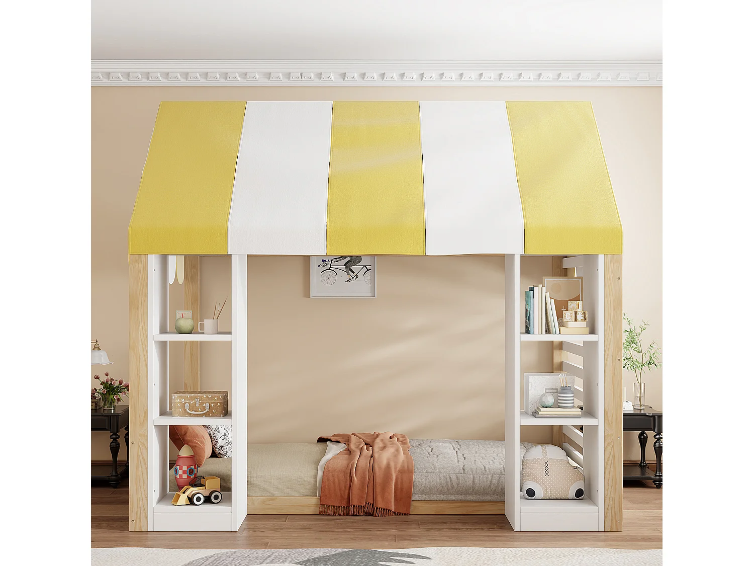 Lit cabane 90x200 cm en bois blanc et naturel, lit enfant avec baldaquin et 2 rangements ouverts, sans matelas