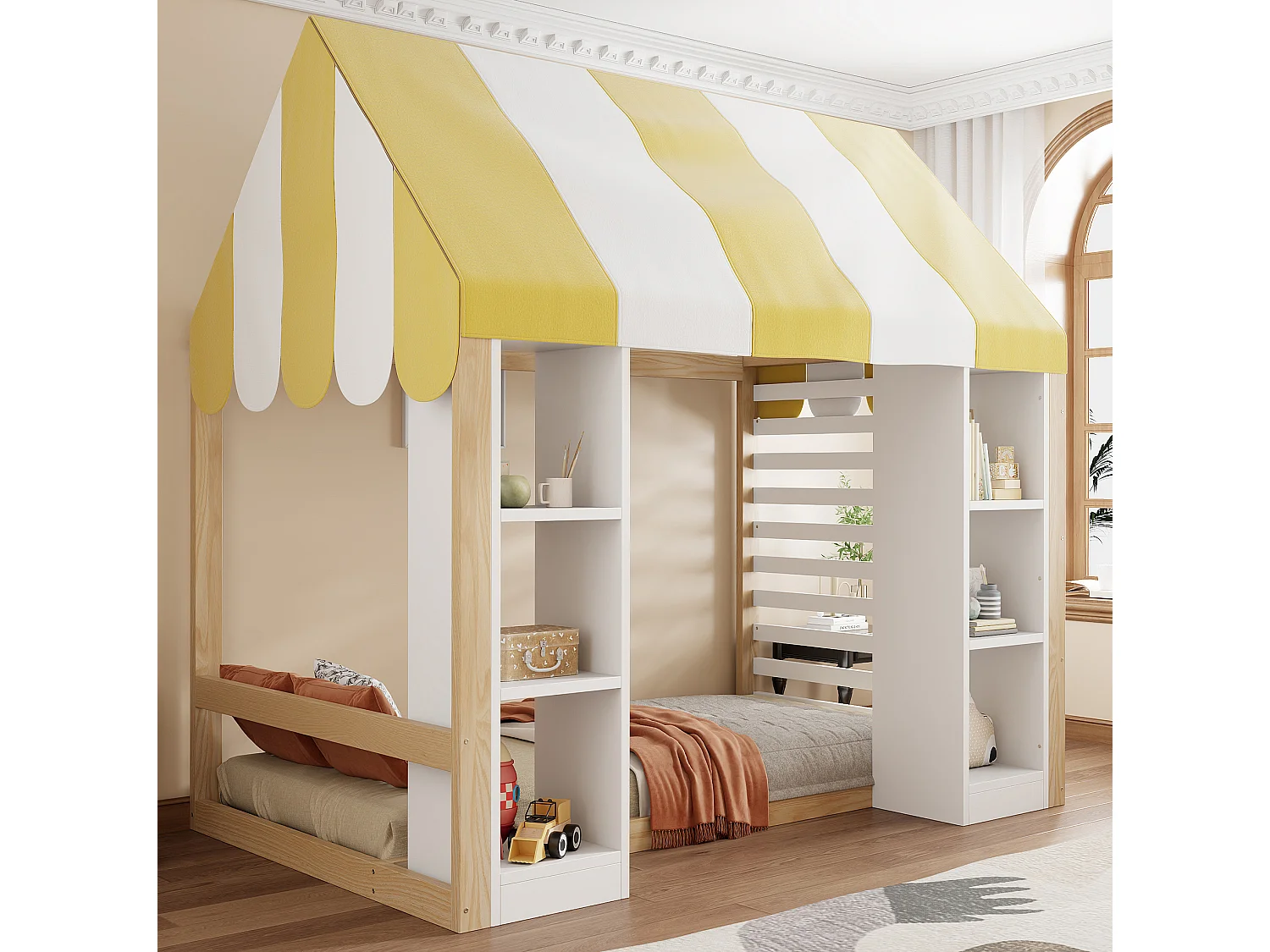 Lit cabane 90x200 cm en bois blanc et naturel, lit enfant avec baldaquin et 2 rangements ouverts, sans matelas
