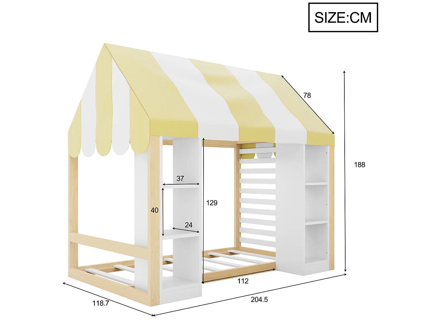 Lit cabane 90x200 cm en bois blanc et naturel, lit enfant avec baldaquin et 2 rangements ouverts, sans matelas