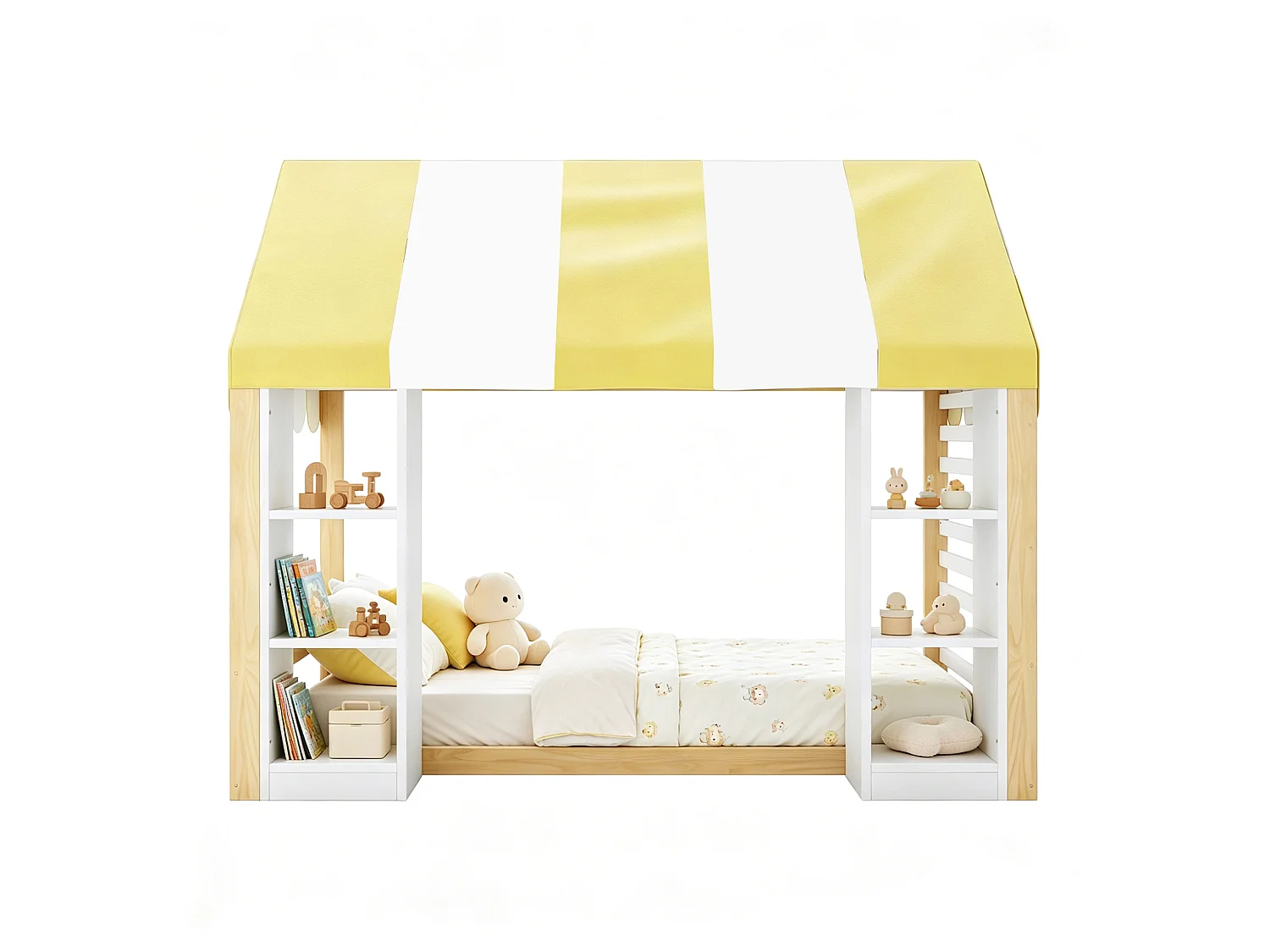 Lit cabane 90x200 cm en bois blanc et naturel, lit enfant avec baldaquin et 2 rangements ouverts, sans matelas