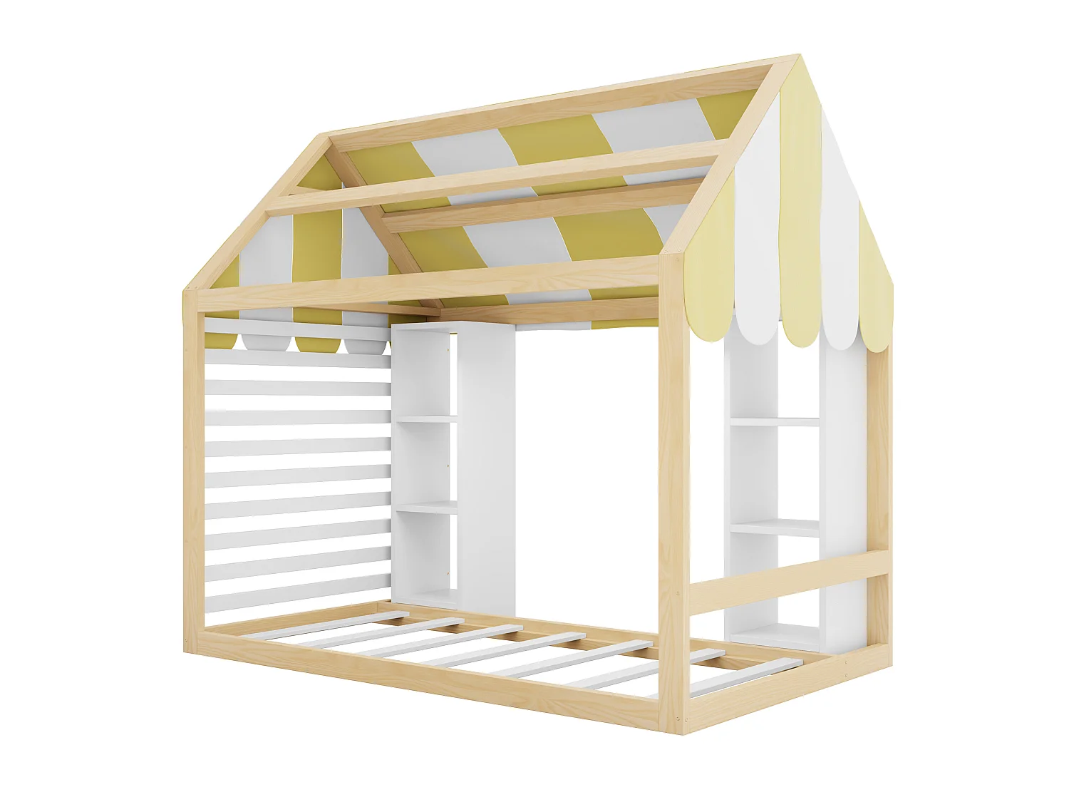 Lit cabane 90x200 cm en bois blanc et naturel, lit enfant avec baldaquin et 2 rangements ouverts, sans matelas