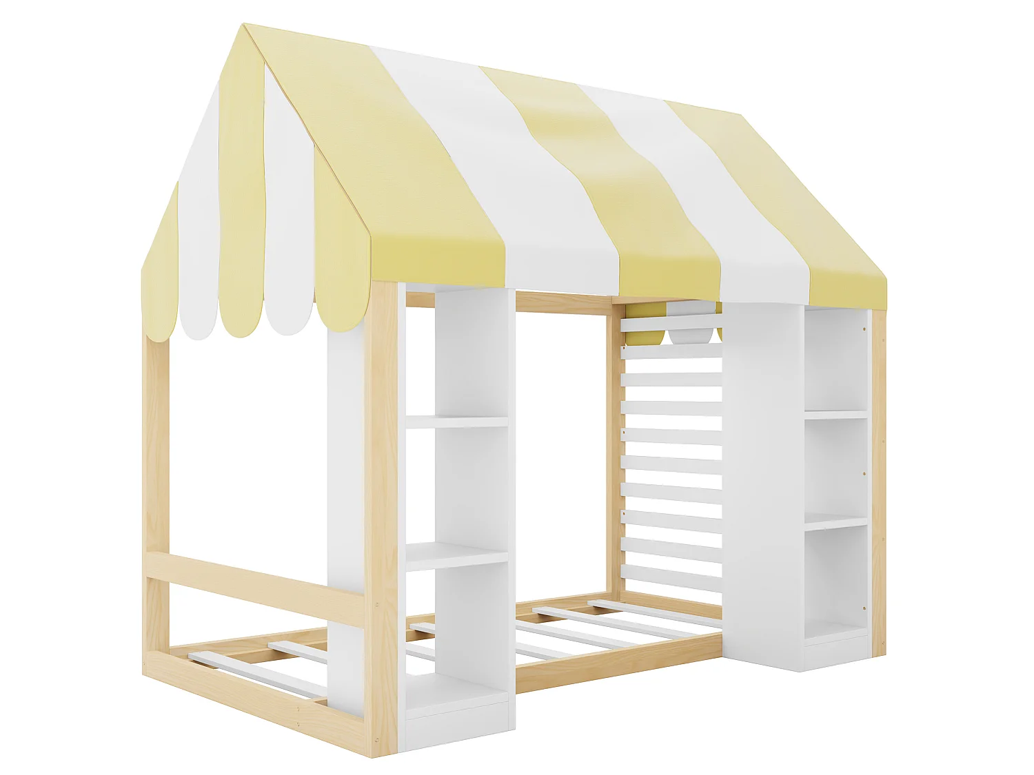 Lit cabane 90x200 cm en bois blanc et naturel, lit enfant avec baldaquin et 2 rangements ouverts, sans matelas