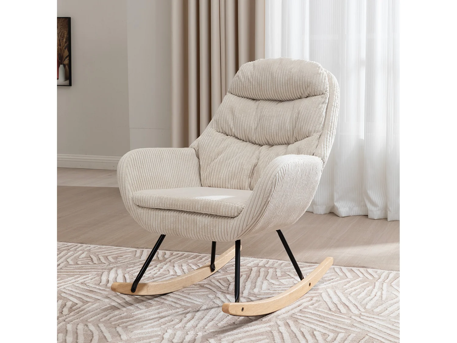 Sedia a dondolo in velluto a coste beige, seduta con molle insacchettate, struttura in metallo e legno, capacità 160 kg