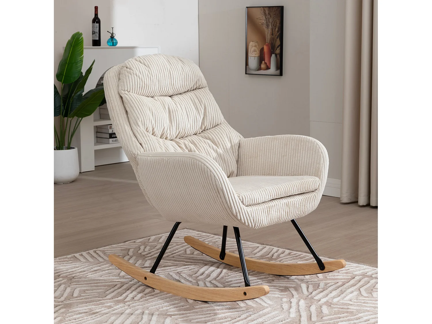 Sedia a dondolo in velluto a coste beige, seduta con molle insacchettate, struttura in metallo e legno, capacità 160 kg