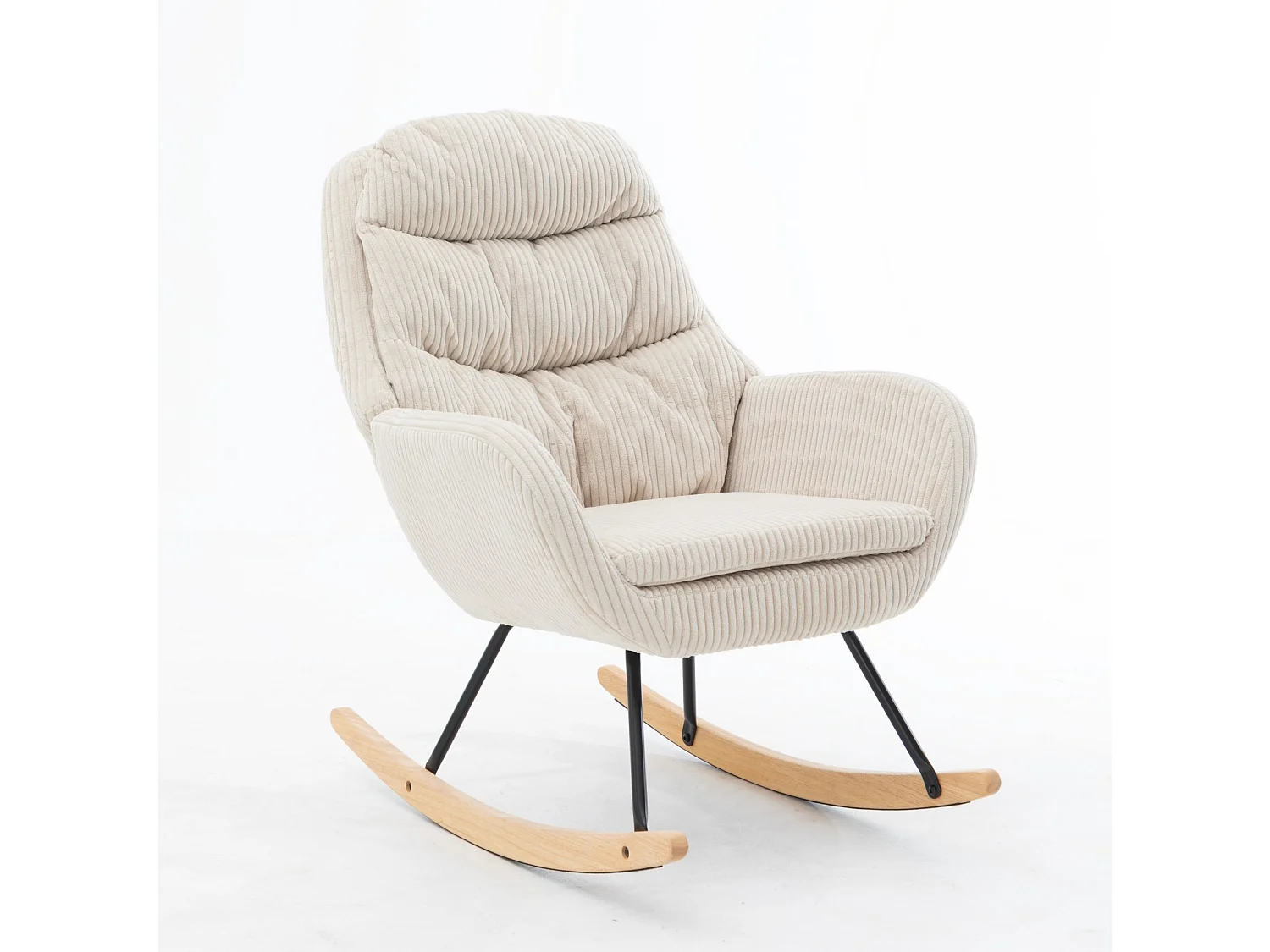 Sedia a dondolo in velluto a coste beige, seduta con molle insacchettate, struttura in metallo e legno, capacità 160 kg