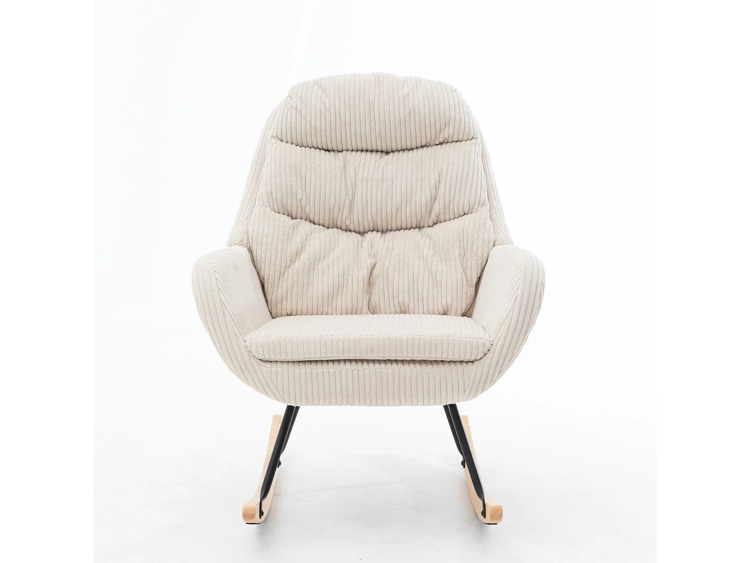 Sedia a dondolo in velluto a coste beige, seduta con molle insacchettate, struttura in metallo e legno, capacità 160 kg