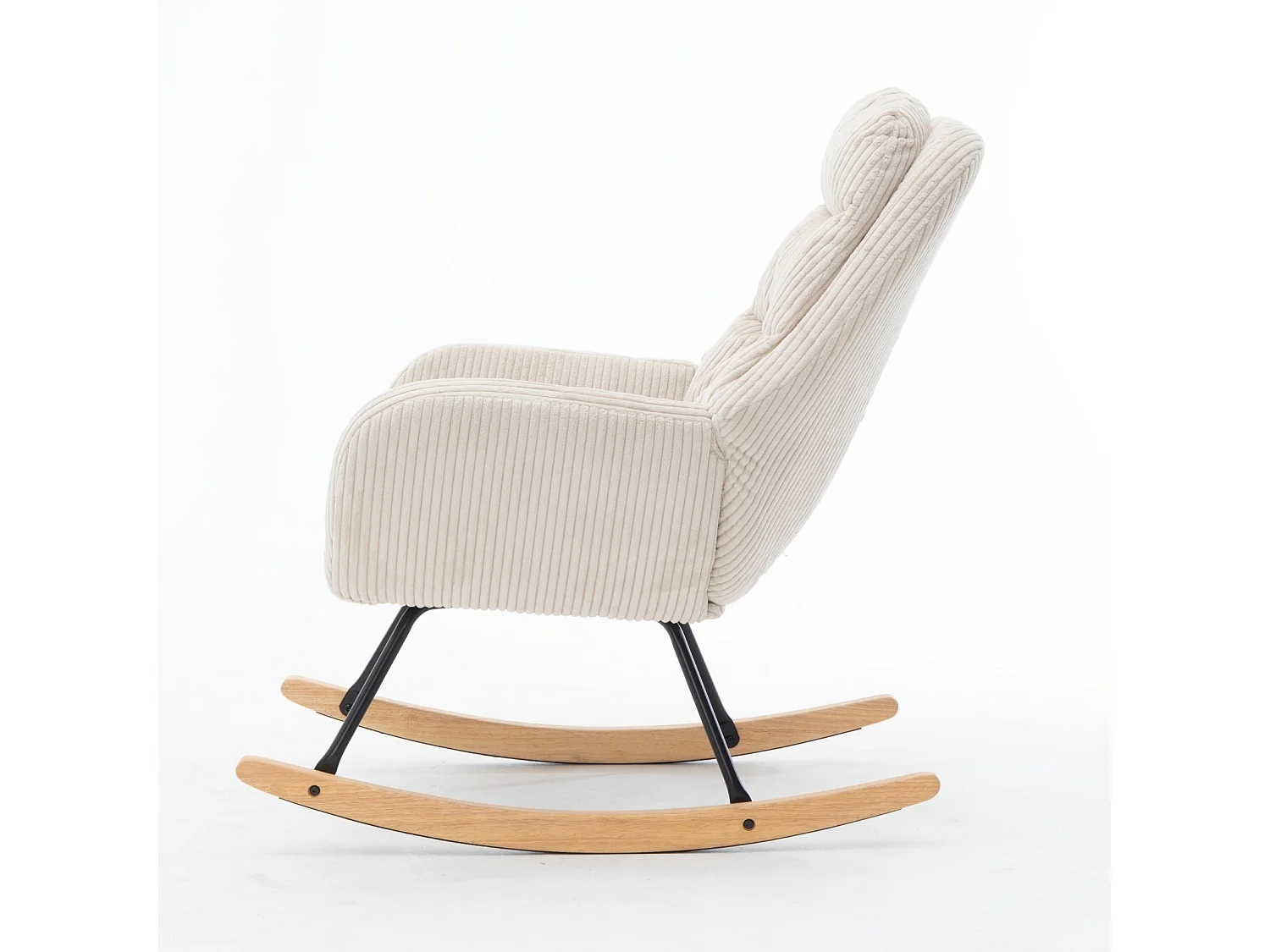 Sedia a dondolo in velluto a coste beige, seduta con molle insacchettate, struttura in metallo e legno, capacità 160 kg