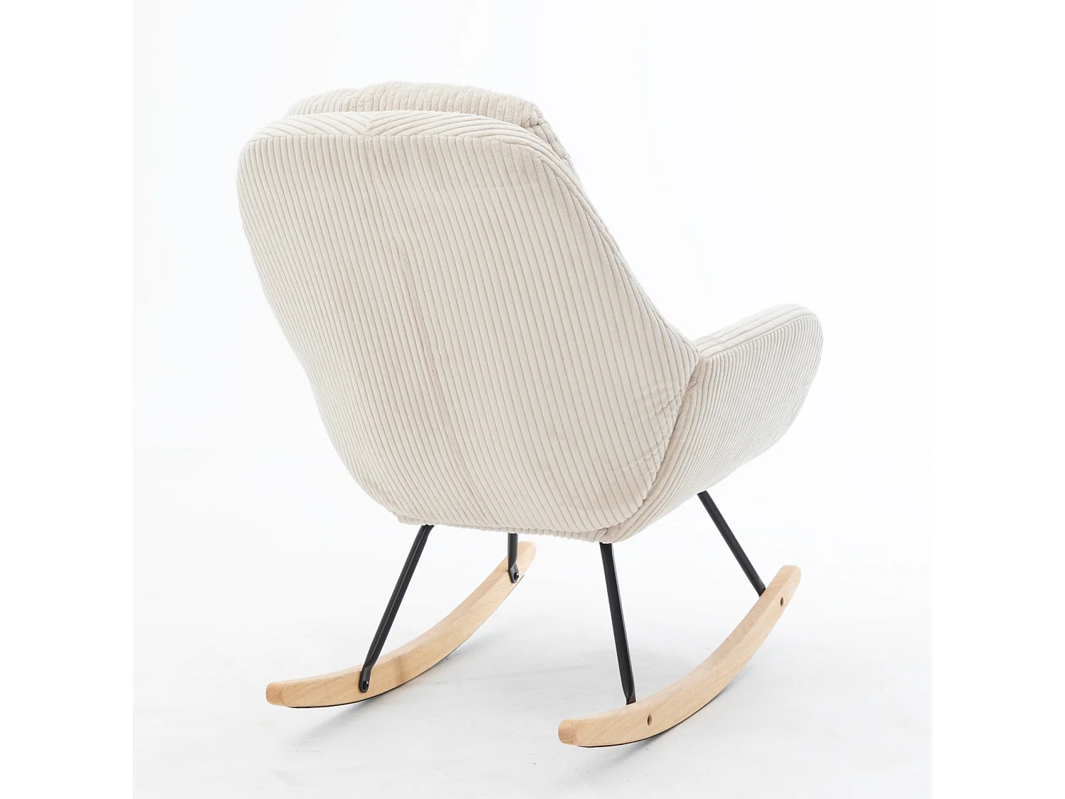 Sedia a dondolo in velluto a coste beige, seduta con molle insacchettate, struttura in metallo e legno, capacità 160 kg