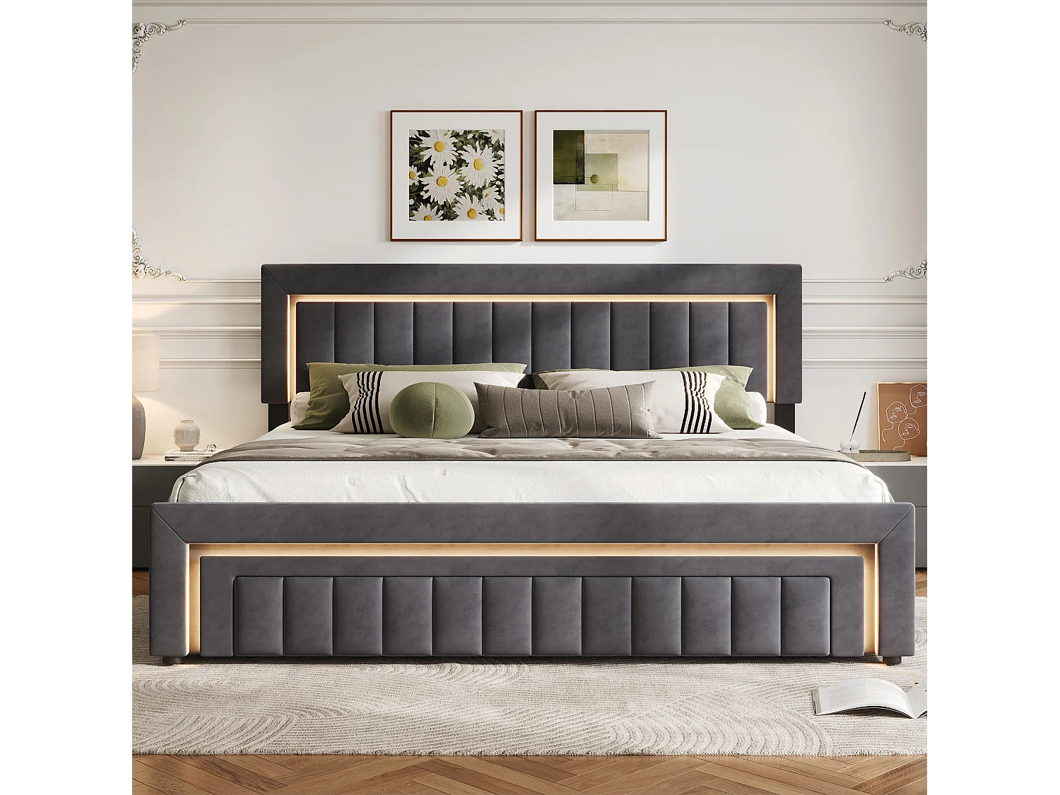 Lit coffre 160x200 cm avec tiroir, éclairage LED et sommier à lattes, en velours gris foncé, sans matelas