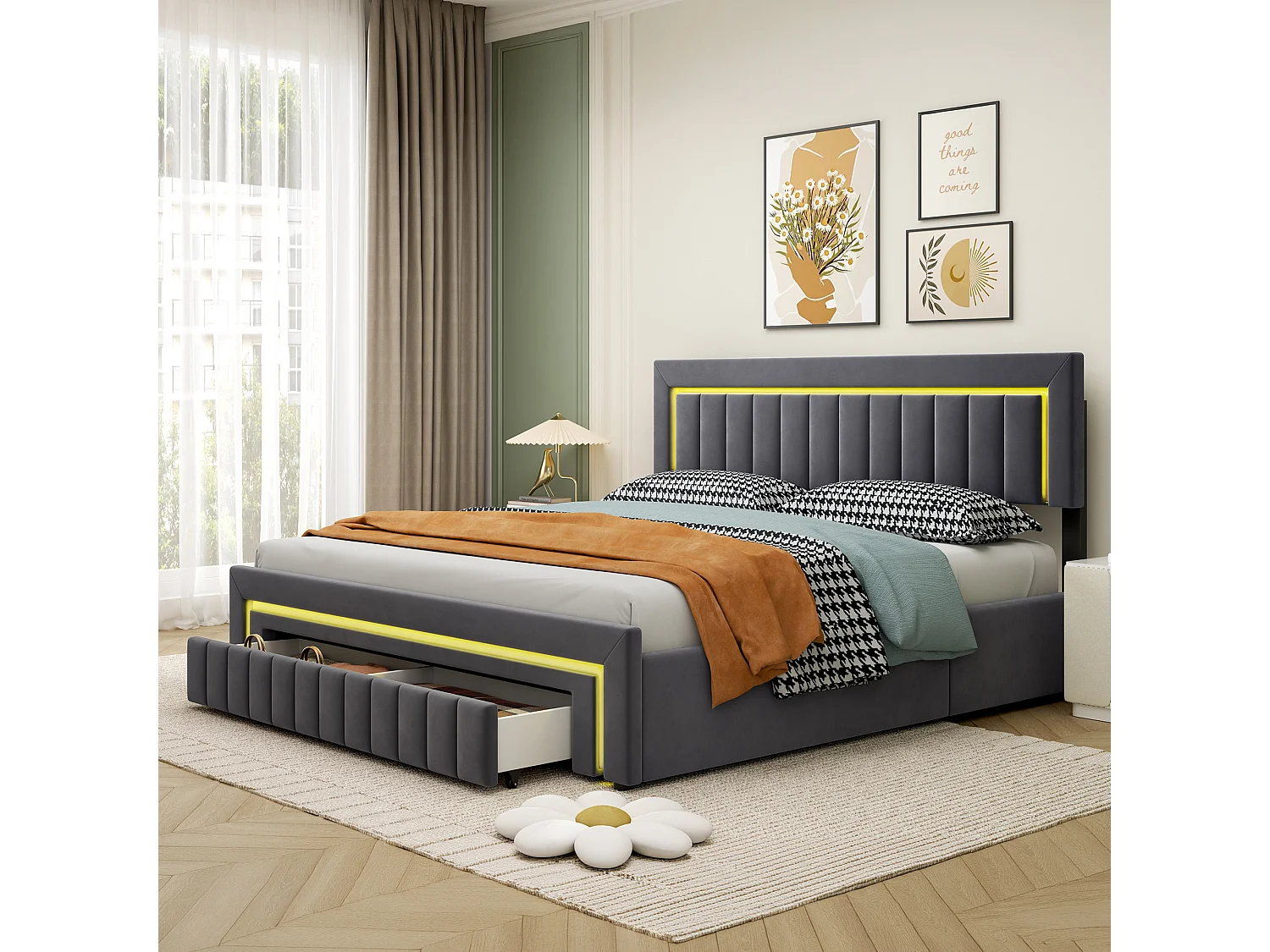Lit coffre 160x200 cm avec tiroir, éclairage LED et sommier à lattes, en velours gris foncé, sans matelas