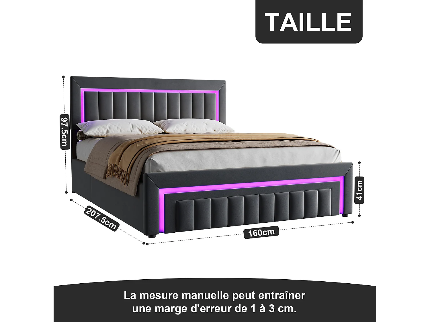 Lit coffre 160x200 cm avec tiroir, éclairage LED et sommier à lattes, en velours gris foncé, sans matelas