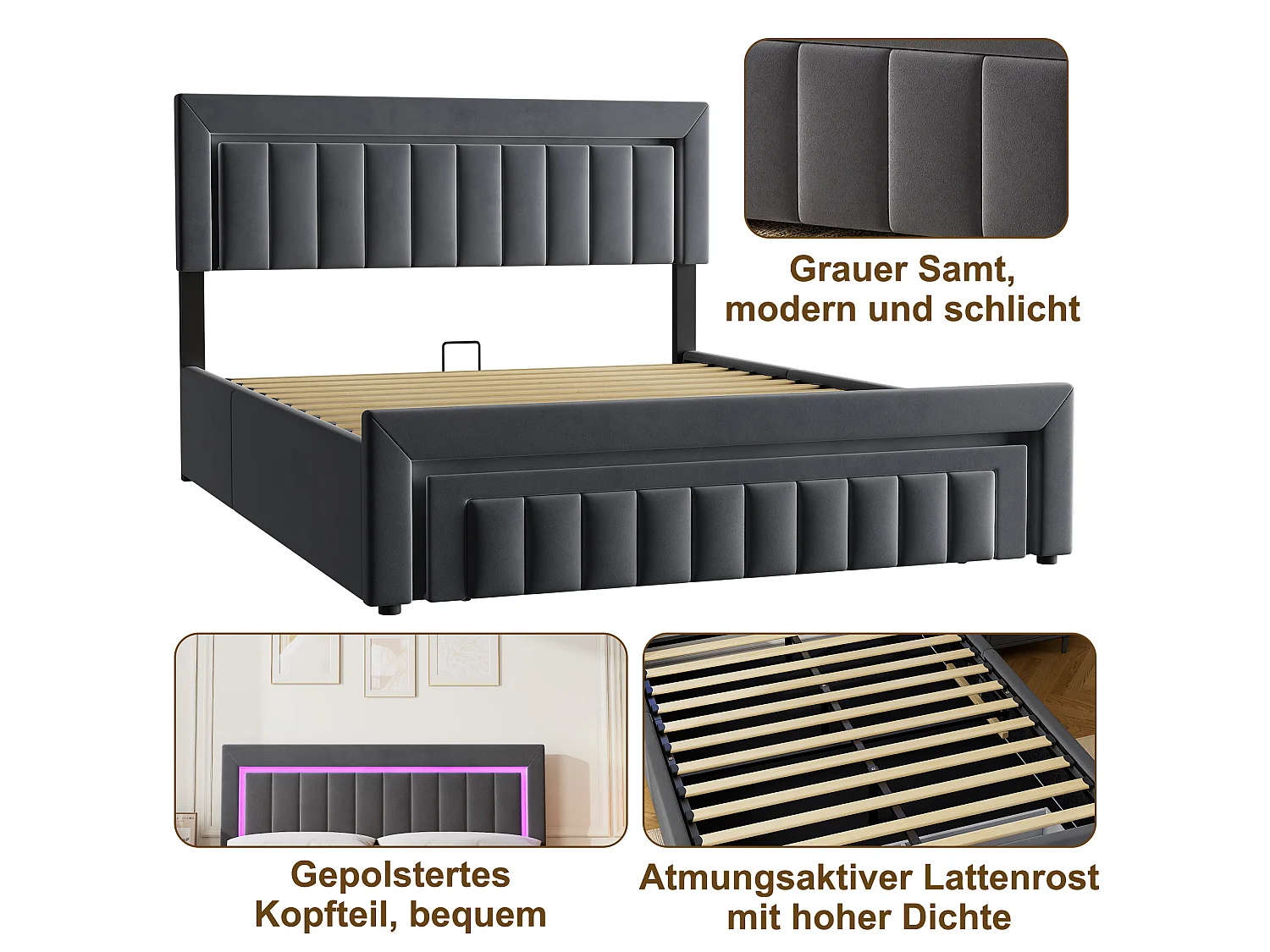 Lit coffre 160x200 cm avec tiroir, éclairage LED et sommier à lattes, en velours gris foncé, sans matelas