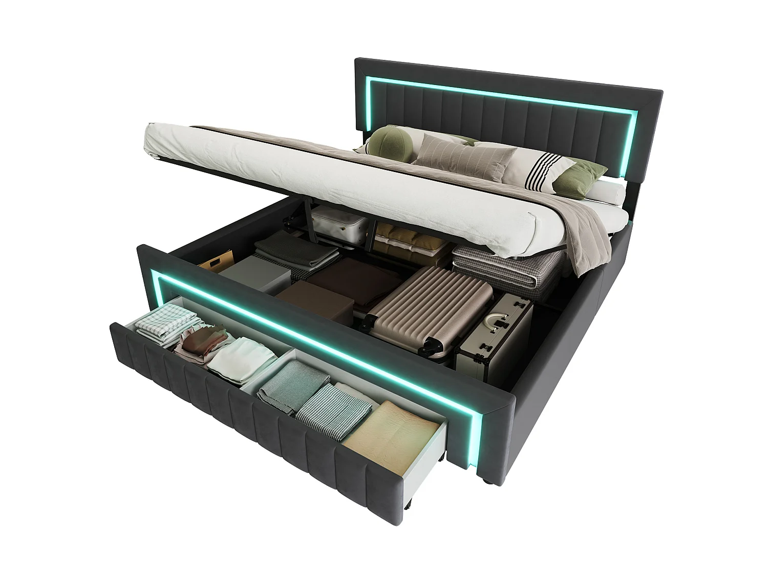 Lit coffre 160x200 cm avec tiroir, éclairage LED et sommier à lattes, en velours gris foncé, sans matelas