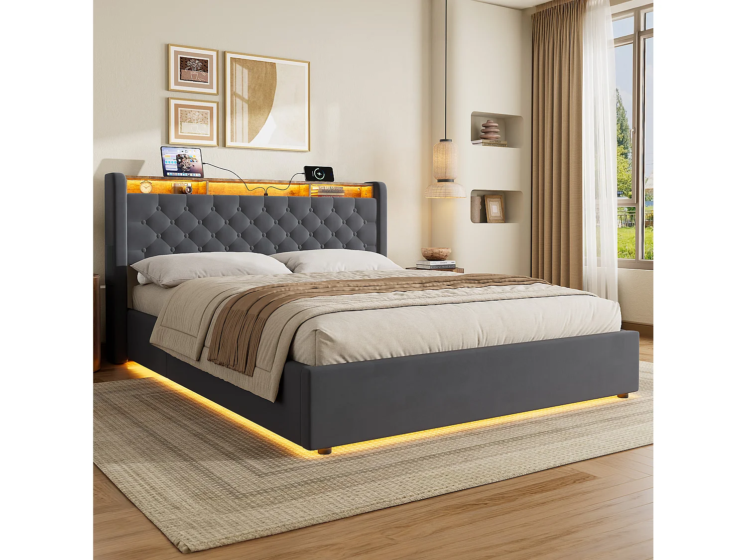 Lit coffre 160x200 cm avec éclairage LED, tête de lit avec rangement et sommier à lattes, en velours gris foncé, sans matelas
