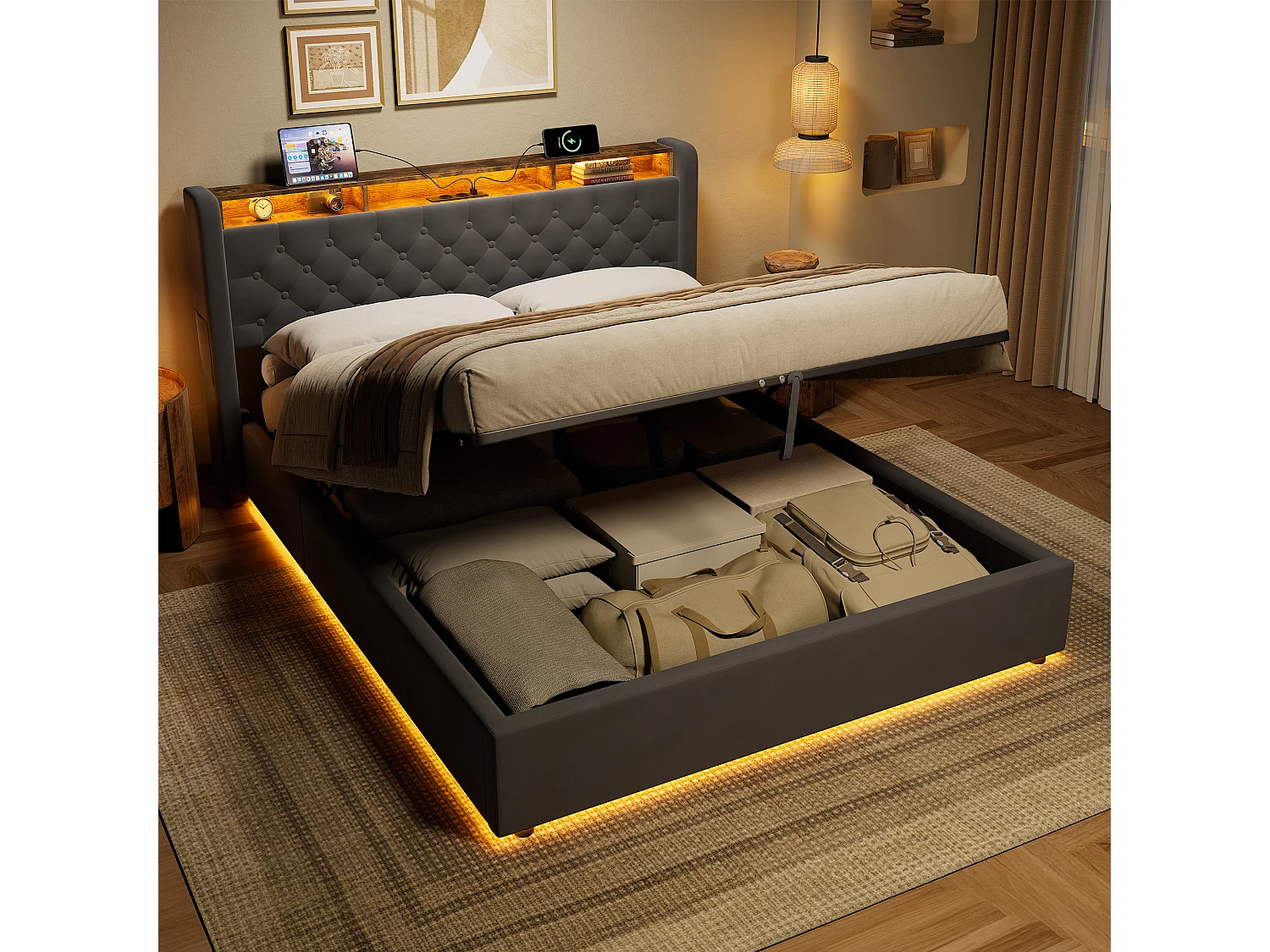 Lit coffre 160x200 cm avec éclairage LED, tête de lit avec rangement et sommier à lattes, en velours gris foncé, sans matelas