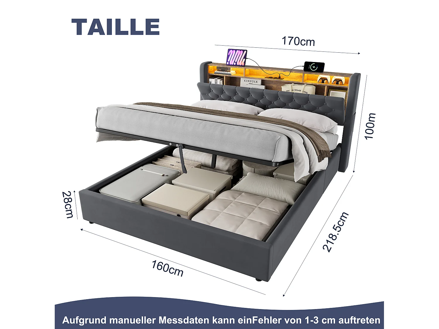 Lit coffre 160x200 cm avec éclairage LED, tête de lit avec rangement et sommier à lattes, en velours gris foncé, sans matelas