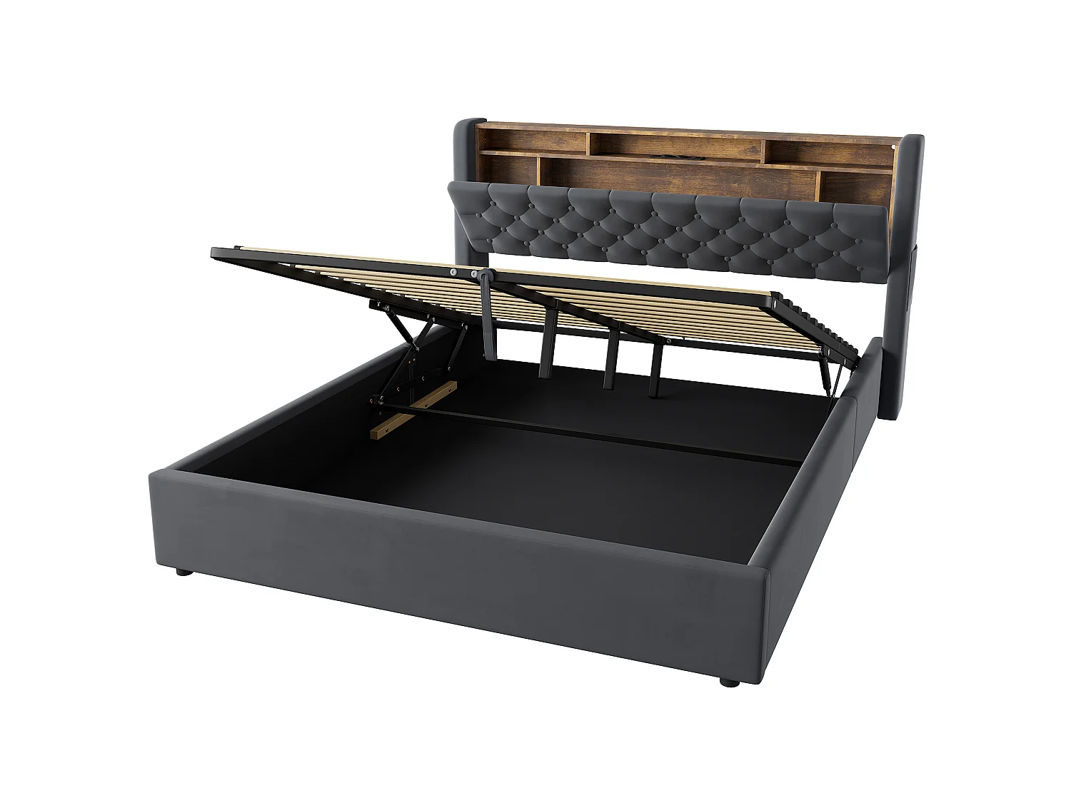 Lit coffre 160x200 cm avec éclairage LED, tête de lit avec rangement et sommier à lattes, en velours gris foncé, sans matelas