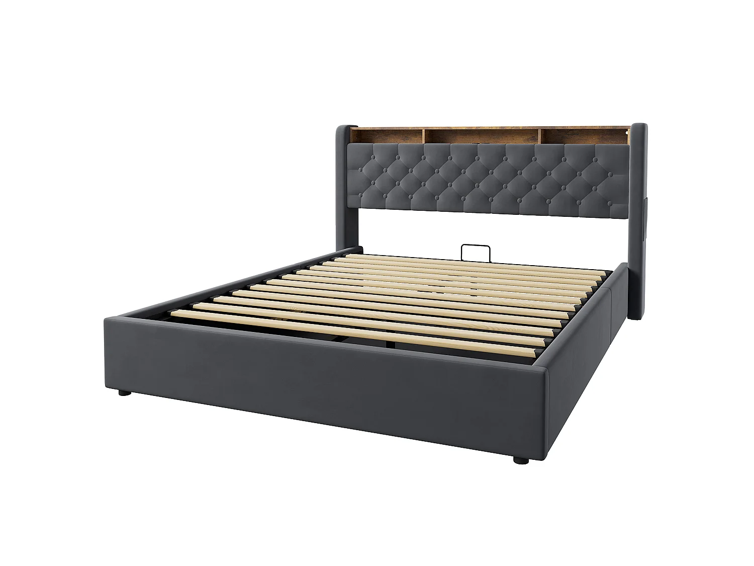 Lit coffre 160x200 cm avec éclairage LED, tête de lit avec rangement et sommier à lattes, en velours gris foncé, sans matelas