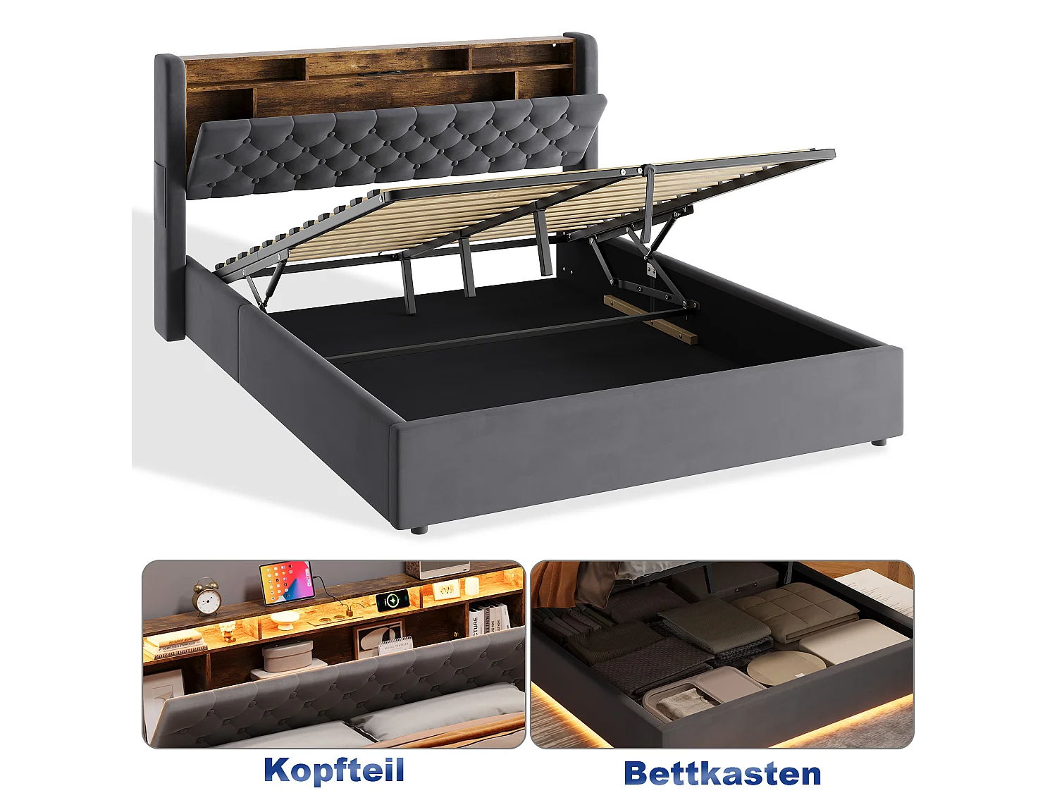 Lit coffre 160x200 cm avec éclairage LED, tête de lit avec rangement et sommier à lattes, en velours gris foncé, sans matelas