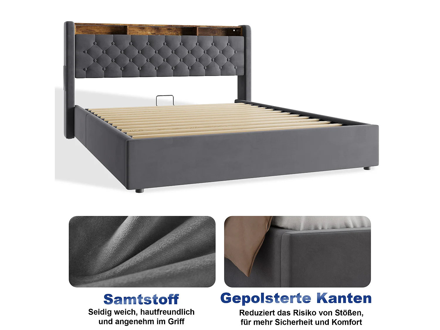 Lit coffre 160x200 cm avec éclairage LED, tête de lit avec rangement et sommier à lattes, en velours gris foncé, sans matelas