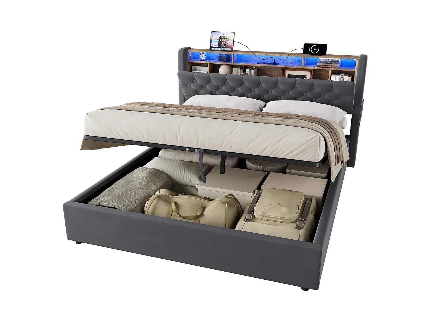 Lit coffre 160x200 cm avec éclairage LED, tête de lit avec rangement et sommier à lattes, en velours gris foncé, sans matelas