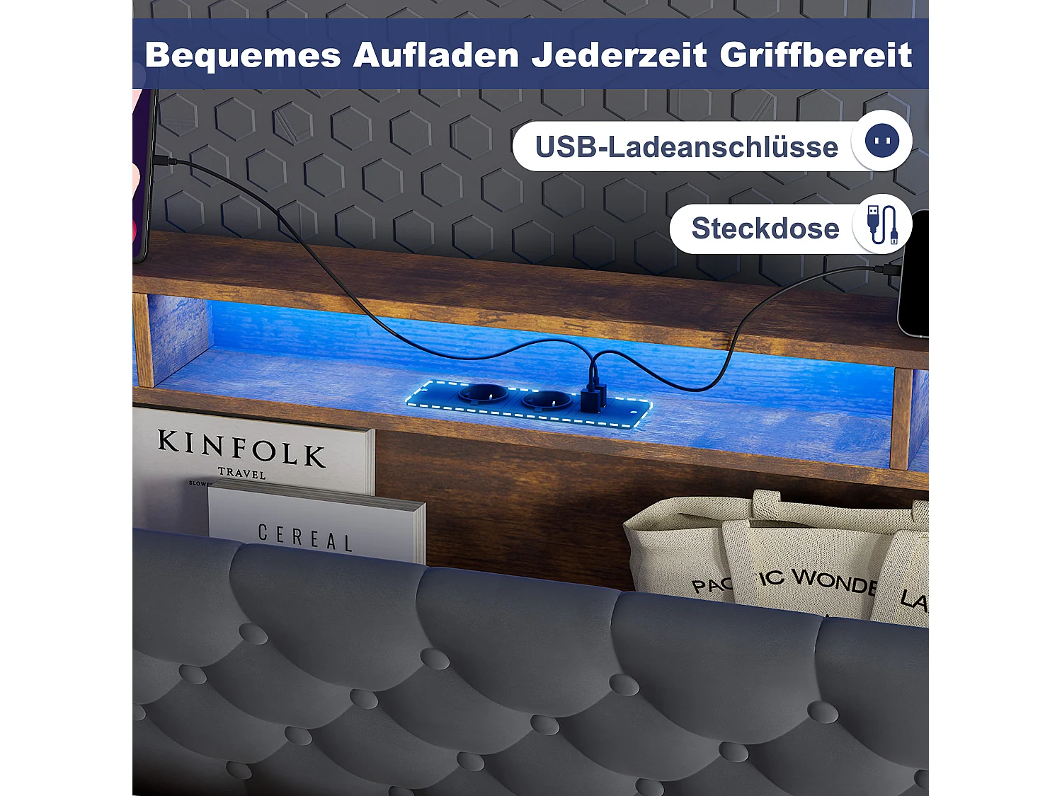 Lit coffre 160x200 cm avec éclairage LED, tête de lit avec rangement et sommier à lattes, en velours gris foncé, sans matelas
