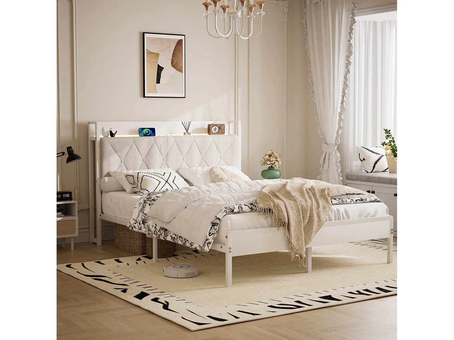 Łóżko dla dorosłych 140 x 190 cm z białego lnu, zagłówek z oświetleniem LED i portami USB, schowek pod łóżkiem, bez materaca