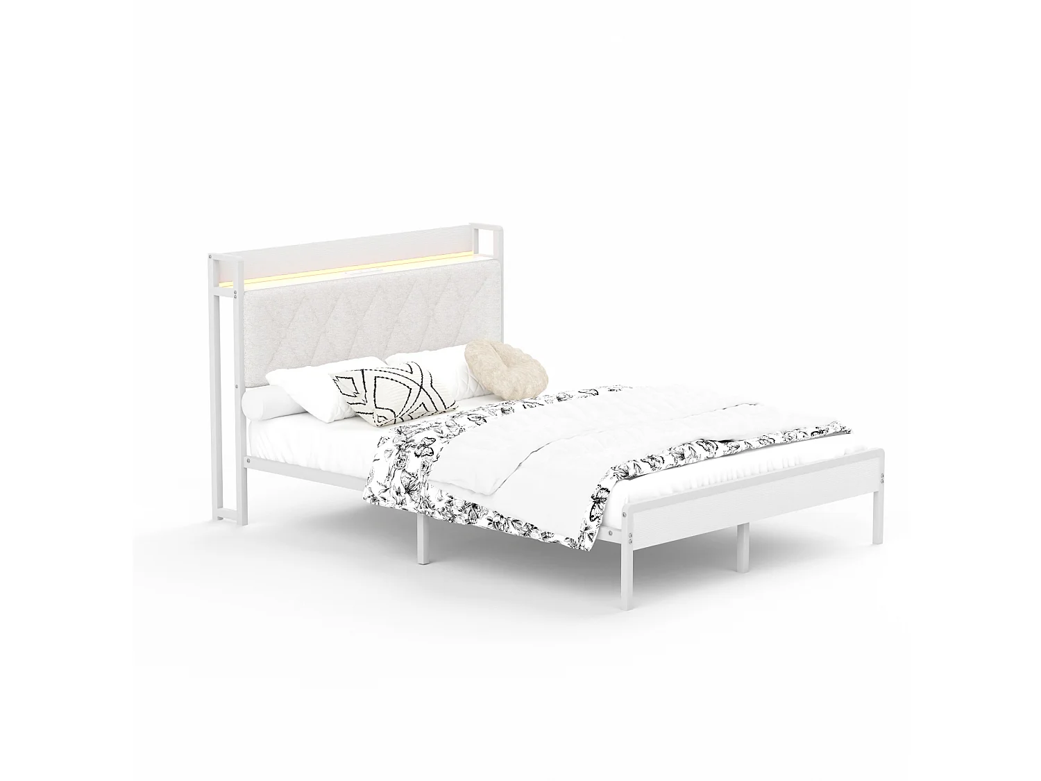 Łóżko dla dorosłych 140 x 190 cm z białego lnu, zagłówek z oświetleniem LED i portami USB, schowek pod łóżkiem, bez materaca