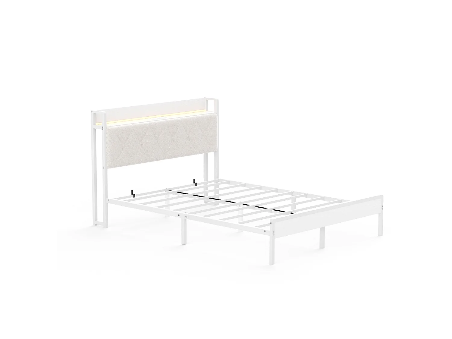 Łóżko dla dorosłych 140 x 190 cm z białego lnu, zagłówek z oświetleniem LED i portami USB, schowek pod łóżkiem, bez materaca